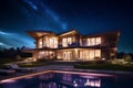 Luxurious Dream House Home with Modern Design and Swimming Pool under the Night Starlight Royalty Free Stock Photo