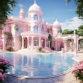 luxurious dream Pink house mansion with a beautiful pool Generative AI Royalty Free Stock Photo