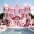 luxurious dream Pink house mansion with a beautiful pool Generative AI