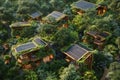 A luxurious eco-friendly treehouse community with solar panels perched among verdant forest trees, merging sustainability with