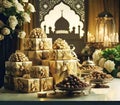 Luxurious Eid Gift Boxes with Sweets and Elegant Islamic Decor Royalty Free Stock Photo