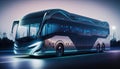 A luxurious and electric bus with metallic color and blue leds