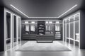 Luxurious elegant dressing room in black and white tones with glass doors with neon lighting in a spacious apartment