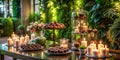 A luxurious evening table setting with lit candles, chocolate treats, and decorative elements. Generative AI Royalty Free Stock Photo