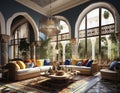 Luxurious and expensive designed interior of Arabic style luxury house. Royalty Free Stock Photo
