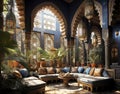 Luxurious and expensive designed lobby interior of Arabic style hotel. Royalty Free Stock Photo