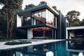 Luxurious expensive mansion in form of modern house with glass walls and swimming pool