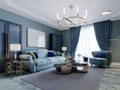 Luxurious fashionable living room in blue and light blue colors classic style. Upholstered blue furniture, armchair, sofa,