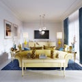 Luxurious fashionable living room with yellow upholstered furniture and blue carpet and decor, white walls