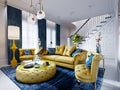 Luxurious fashionable living room with yellow upholstered furniture and blue carpet and decor, white walls