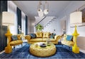 Luxurious fashionable living room with yellow upholstered furniture and blue carpet and decor, white walls