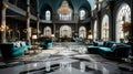 luxurious five-star hotel lobby with a grand crystal chandelier, marble flooring, and opulent furniture