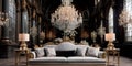 luxurious five-star hotel lobby with a grand crystal chandelier, marble flooring, and opulent furniture