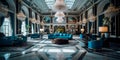 luxurious five-star hotel lobby with a grand crystal chandelier, marble flooring, and opulent furniture