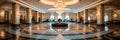 luxurious five-star hotel lobby with a grand crystal chandelier, marble flooring, and opulent furniture. Royalty Free Stock Photo