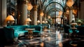 luxurious five-star hotel lobby with a grand crystal chandelier, marble flooring, and opulent furniture.