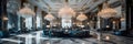 luxurious five-star hotel lobby with a grand crystal chandelier, marble flooring, and opulent furniture. Royalty Free Stock Photo