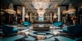 luxurious five-star hotel lobby with a grand crystal chandelier, marble flooring, and opulent furniture.