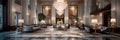 luxurious five-star hotel lobby with a grand crystal chandelier, marble flooring, and opulent furniture. Royalty Free Stock Photo