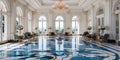 luxurious five-star hotel lobby with a grand crystal chandelier, marble flooring, and opulent furniture.