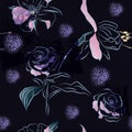 Luxurious floral seamless pattern with contour roses and leaves on  black background. Royalty Free Stock Photo