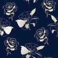 Luxurious floral seamless pattern with golden roses on  dark blue background. Royalty Free Stock Photo