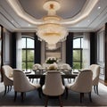 A luxurious formal dining room with a grand chandelier and upholstered chairs1