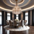 A luxurious formal dining room with a grand chandelier and upholstered chairs3