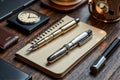 Luxurious fountain pens on a notebook with elegant desk accessories Royalty Free Stock Photo