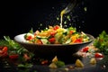 Luxurious fresh colorful vegetable salad on black background. Healthy eating