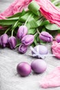 Luxurious fresh fashionable purple tulips on a wooden background next to Easter eggs Royalty Free Stock Photo