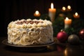 luxurious fruitcake, topped with cream cheese frosting, surrounded by decorative swirls