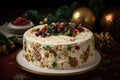 luxurious fruitcake, topped with cream cheese frosting, surrounded by decorative swirls