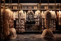 Luxurious fur coats hanging in opulent walk-in closet. Generative AI