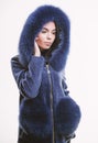 Luxurious fur. Girl posing hooded fur coat. Female with makeup wear dark blue soft fur coat. Woman wear hood with fur