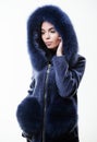 Luxurious fur. Girl posing hooded fur coat. Female with makeup wear dark blue soft fur coat. Woman wear hood with fur