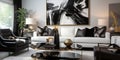 Luxurious furnished Living room, spacious cozy sofa, black and white monochrome palette, elegant interior design Royalty Free Stock Photo