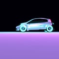 Luxurious Futuristic Electric Compact City Car Rides on Neon Road in the Dark with Copy Space.