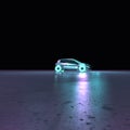 Luxurious Futuristic Electric Compact City Car Rides on Neon Road in the Dark with Copy Space.
