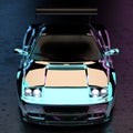 Luxurious Futuristic Sports Car in Neon Studio Light. Aerial Front View.