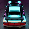 Luxurious Futuristic Sports Car in Neon Studio Light. Aerial Rear View.