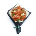 Luxurious gift to friends in the form of a bouquet of cooked shrimps, crayfish, crab on a white background