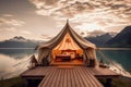 A luxurious glamping site with a stunning lake and mountain backdrop, offering the perfect blend of nature and comfort