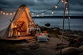 A luxurious glamping site with a stunning lake and mountain backdrop, offering the perfect blend of nature and comfort