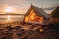 A luxurious glamping site with a stunning lake and mountain backdrop, offering the perfect blend of nature and comfort
