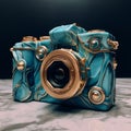 Luxurious Gold And Blue Zbrush-style Camera On Marble