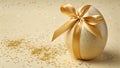 A luxurious gold Easter egg with a ribbon and confetti on a beige background Royalty Free Stock Photo