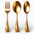 Luxurious Gold Spoon and Fork Against White, Isolate Image, Generative AI. Royalty Free Stock Photo