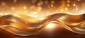 Luxurious gold swirls with sparkling particles and bokeh on dark backdrop with gold foil texture.