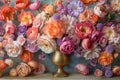 A luxurious gold vase overflows with a vibrant array of colorful flowers, creating a stunning and harmonious display of